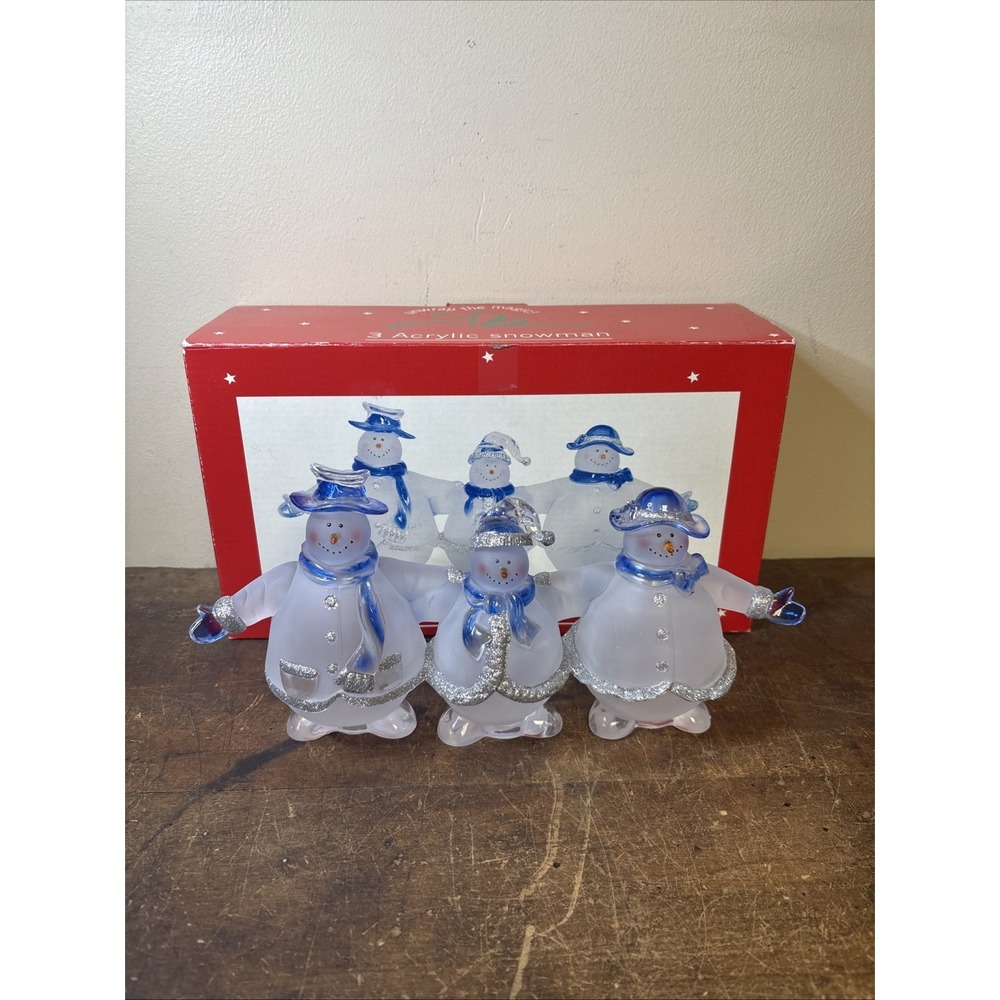 Three Acrylic Snowman Figurine JC Penny Home Christmas Vintage Original Box Blue